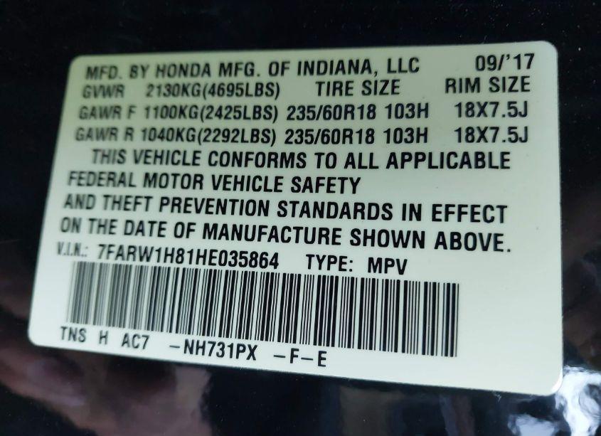 Photo 9 of 2017 Honda Cr-v EX-L/EX-L NAVI (VIN 7FARW1H81HE035864)