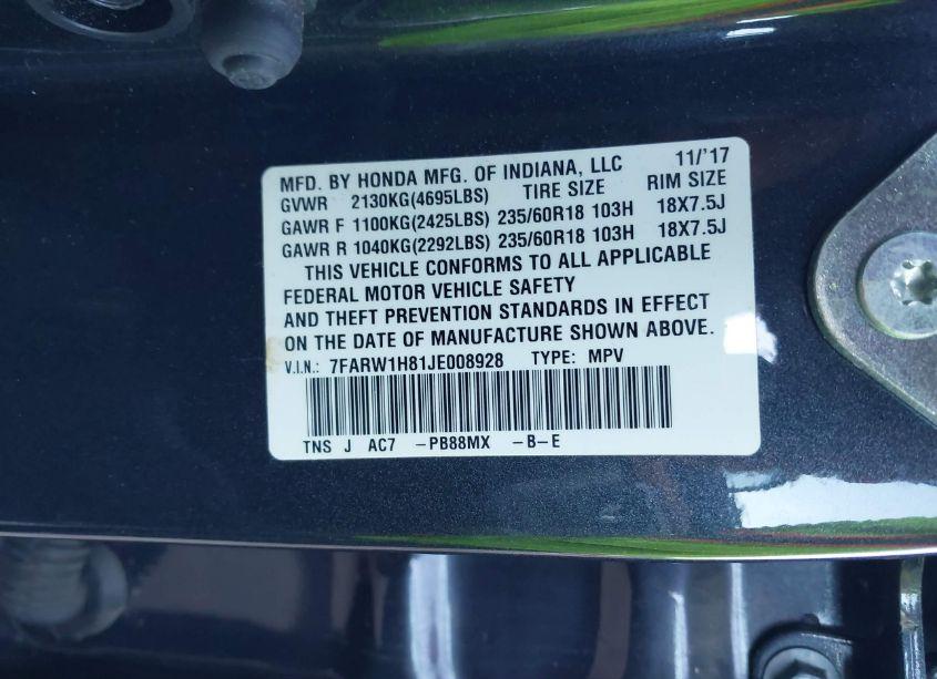 Photo 9 of 2018 Honda Cr-v EX-L/EX-L NAVI (VIN 7FARW1H81JE008928)
