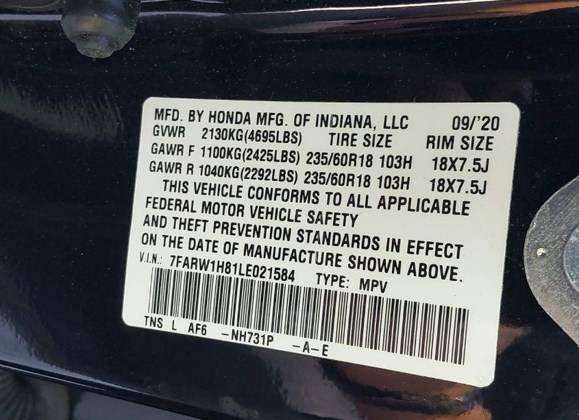 Photo 9 of 2020 Honda Cr-v 2WD EX-L (VIN 7FARW1H81LE021584)