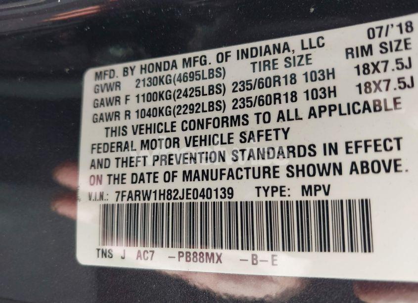 Photo 9 of 2018 Honda Cr-v EX-L/EX-L NAVI (VIN 7FARW1H82JE040139)