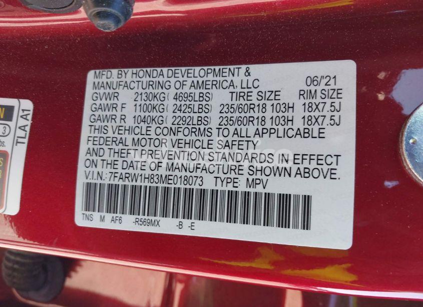 Photo 9 of 2021 Honda Cr-v 2WD EX-L (VIN 7FARW1H83ME018073)