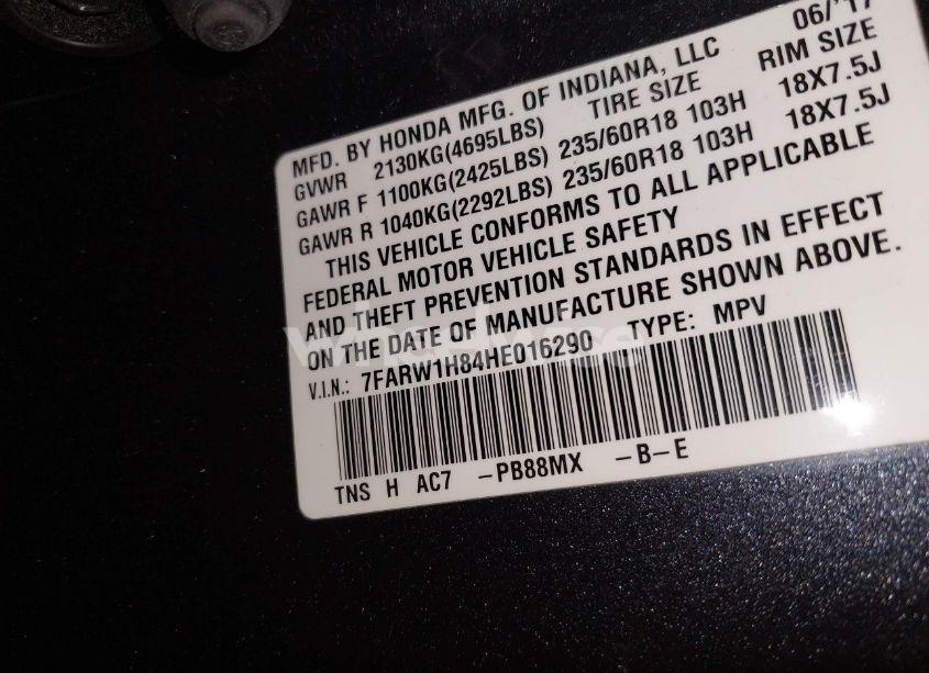 Photo 9 of 2017 Honda Cr-v EX-L/EX-L NAVI (VIN 7FARW1H84HE016290)