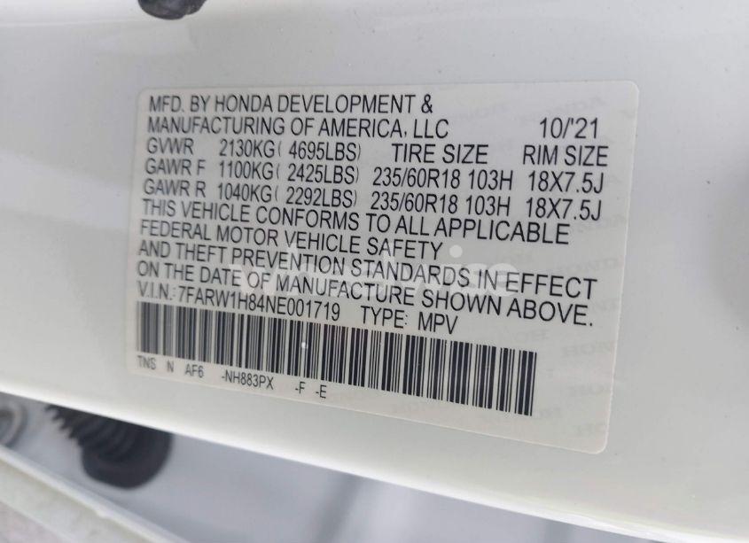 Photo 9 of 2022 Honda Cr-v 2WD EX-L (VIN 7FARW1H84NE001719)