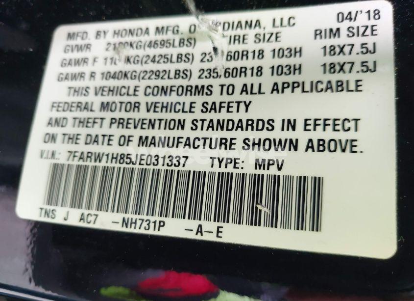 Photo 9 of 2018 Honda Cr-v EX-L/EX-L NAVI (VIN 7FARW1H85JE031337)