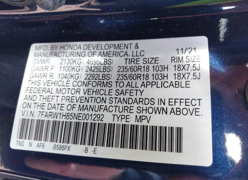 Photo 9 of 2022 Honda Cr-v 2WD EX-L (VIN 7FARW1H85NE001292)