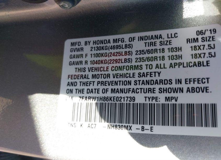 Photo 9 of 2019 Honda Cr-v EX-L (VIN 7FARW1H86KE021739)