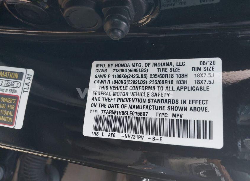 Photo 9 of 2020 Honda Cr-v 2WD EX-L (VIN 7FARW1H86LE015697)