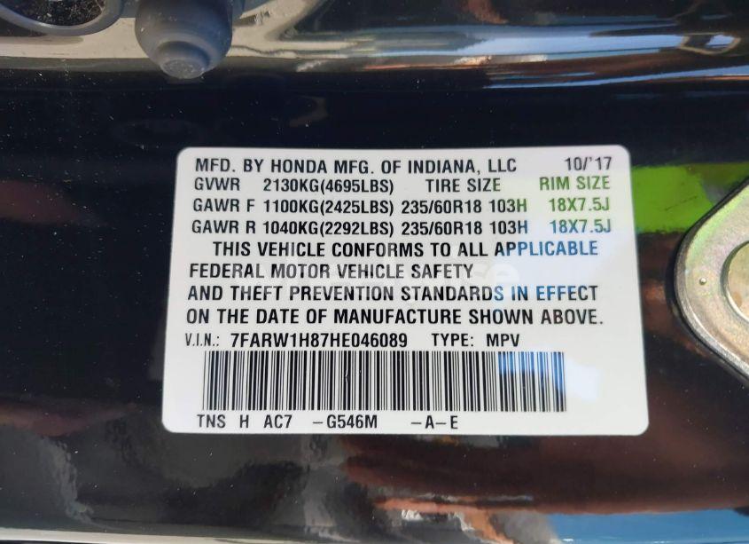 Photo 9 of 2017 Honda Cr-v EX-L/EX-L NAVI (VIN 7FARW1H87HE046089)