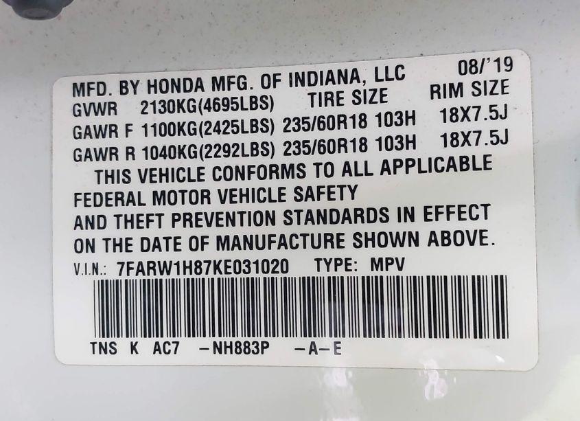 Photo 9 of 2019 Honda Cr-v EX-L (VIN 7FARW1H87KE031020)