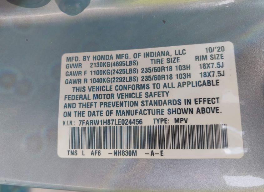 Photo 9 of 2020 Honda Cr-v 2WD EX-L (VIN 7FARW1H87LE024456)