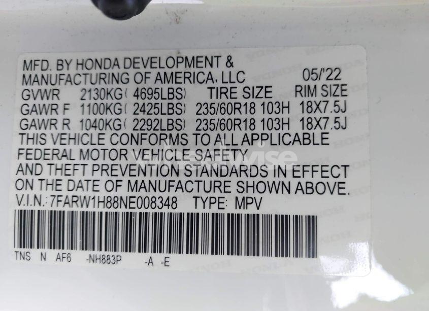 Photo 9 of 2022 Honda Cr-v 2WD EX-L (VIN 7FARW1H88NE008348)