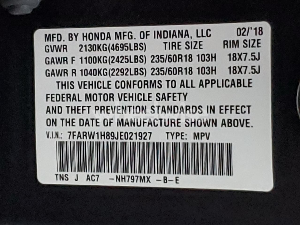 Photo 13 of 2018 HONDA CR-V EXL (VIN 7FARW1H89JE021927)