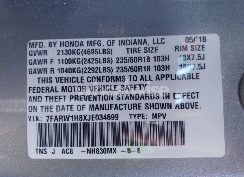 Photo 9 of 2018 Honda Cr-v EX-L/EX-L NAVI (VIN 7FARW1H8XJE034699)