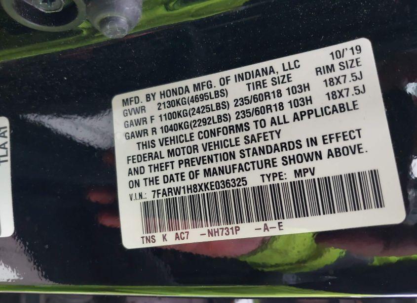 Photo 9 of 2019 Honda Cr-v EX-L (VIN 7FARW1H8XKE036325)