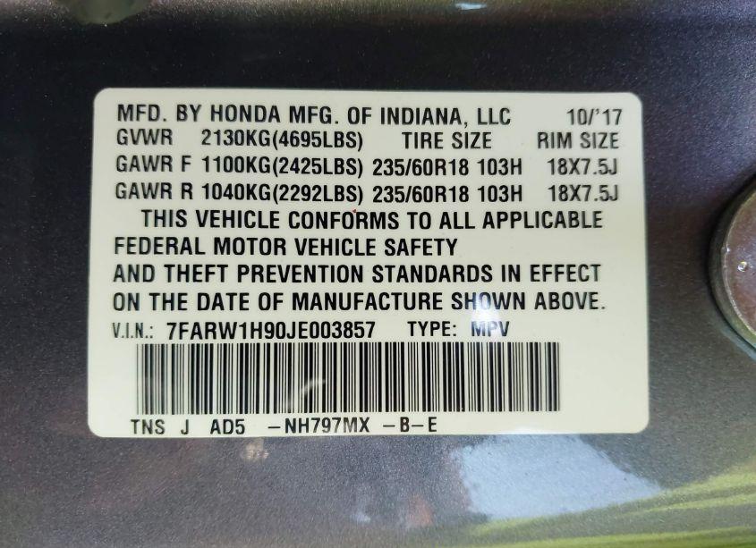 Photo 9 of 2018 Honda Cr-v TOURING (VIN 7FARW1H90JE003857)
