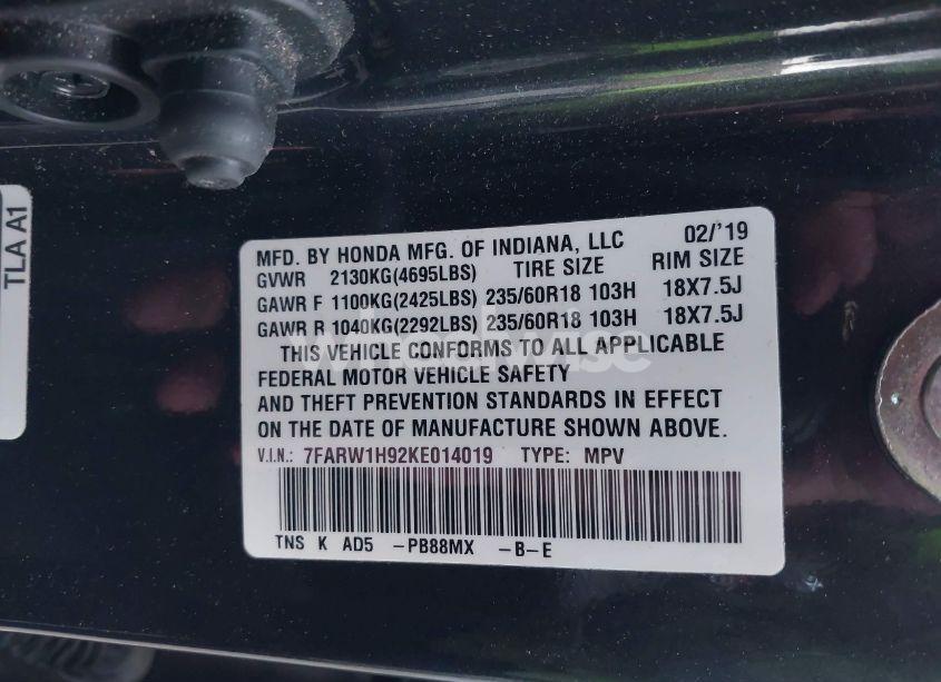 Photo 9 of 2019 Honda Cr-v TOURING (VIN 7FARW1H92KE014019)