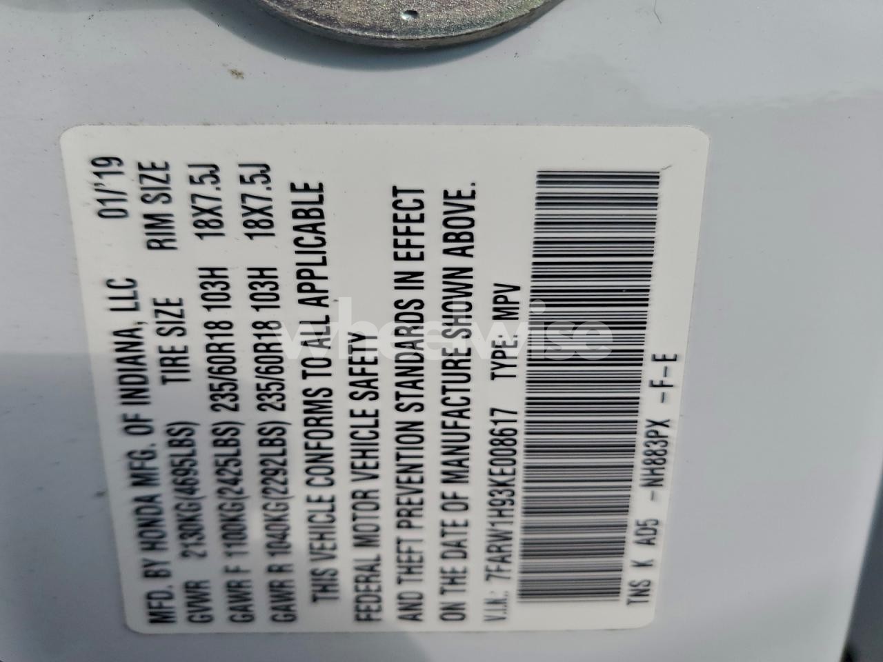 Photo 14 of 2019 HONDA CR-V TOURING (VIN 7FARW1H93KE008617)