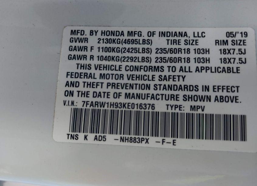 Photo 9 of 2019 Honda Cr-v TOURING (VIN 7FARW1H93KE016376)