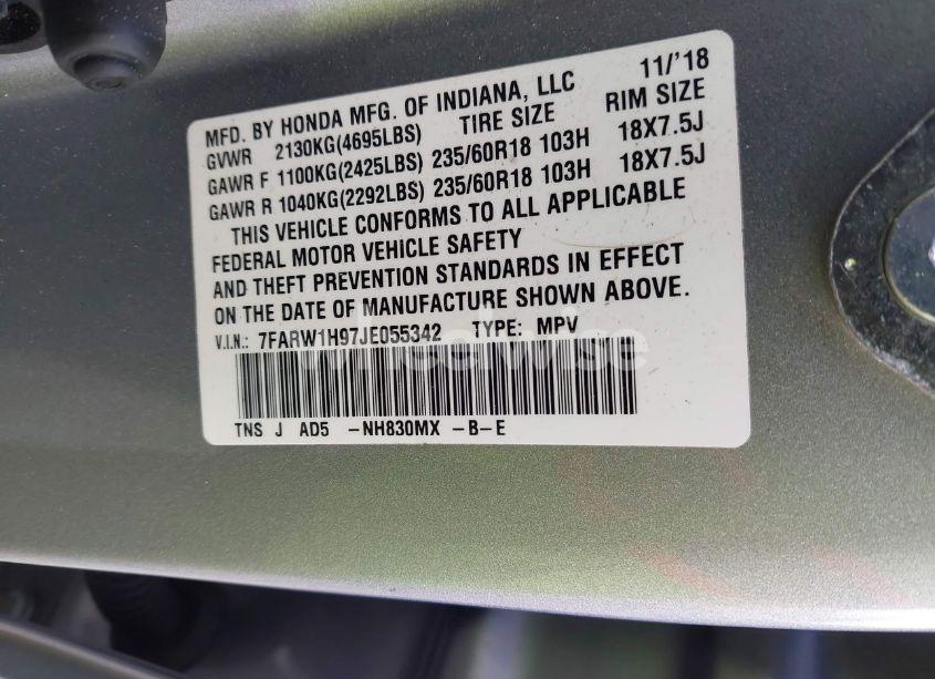 Photo 9 of 2018 Honda Cr-v TOURING (VIN 7FARW1H97JE055342)