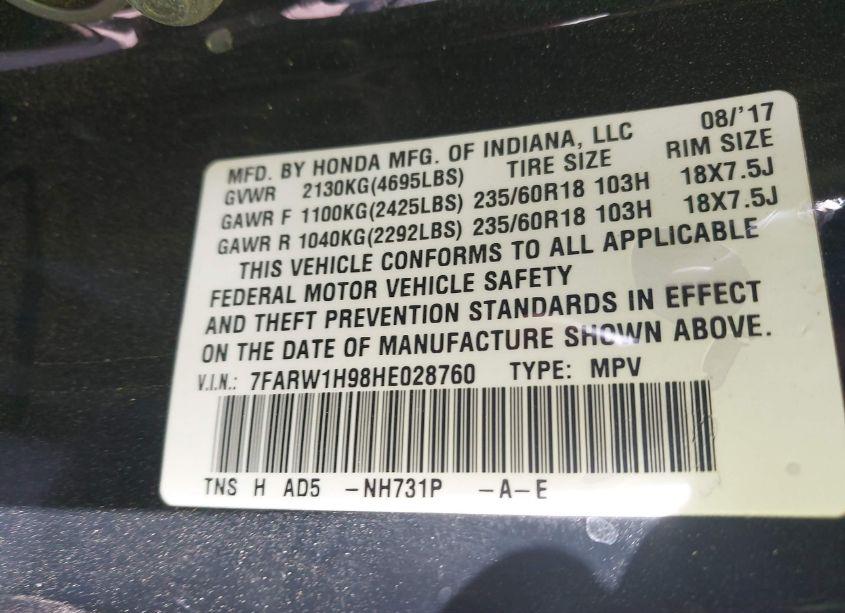 Photo 9 of 2017 Honda Cr-v TOURING (VIN 7FARW1H98HE028760)