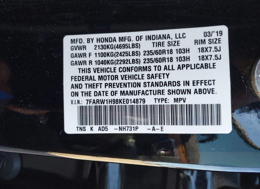 Photo 9 of 2019 Honda Cr-v TOURING (VIN 7FARW1H98KE014879)