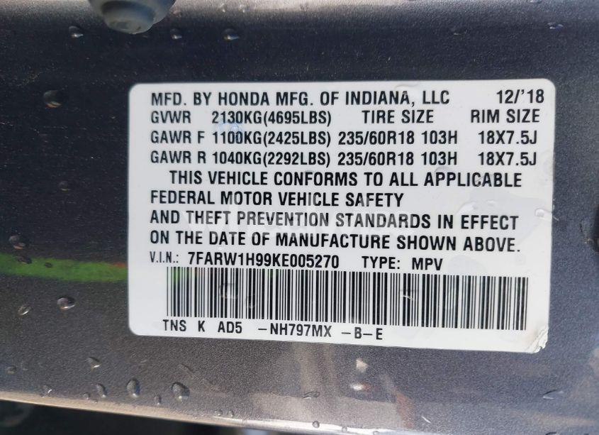 Photo 9 of 2019 Honda Cr-v TOURING (VIN 7FARW1H99KE005270)