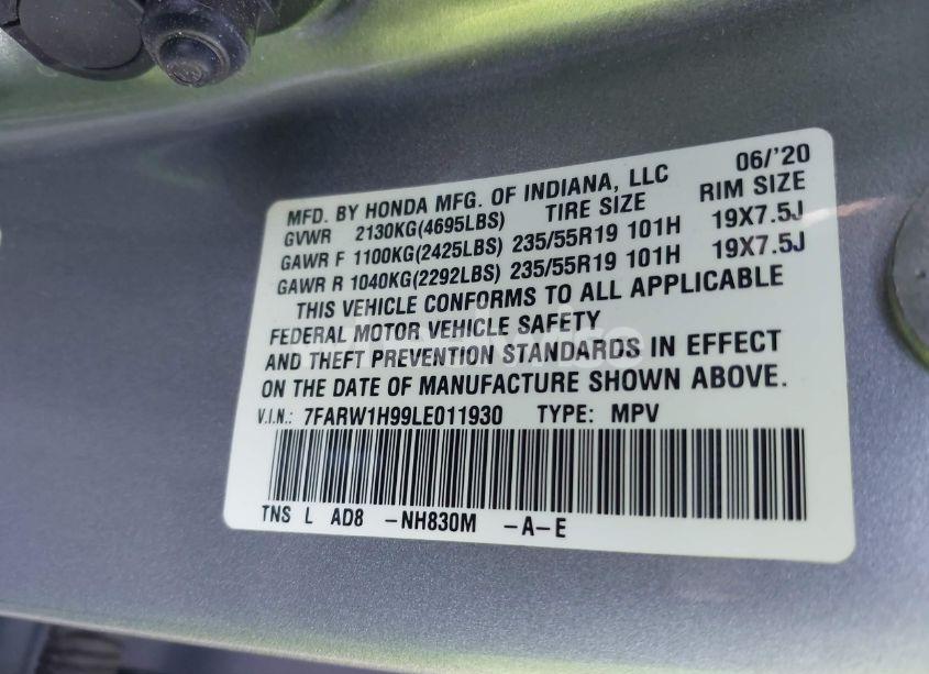 Photo 9 of 2020 Honda Cr-v 2WD TOURING (VIN 7FARW1H99LE011930)