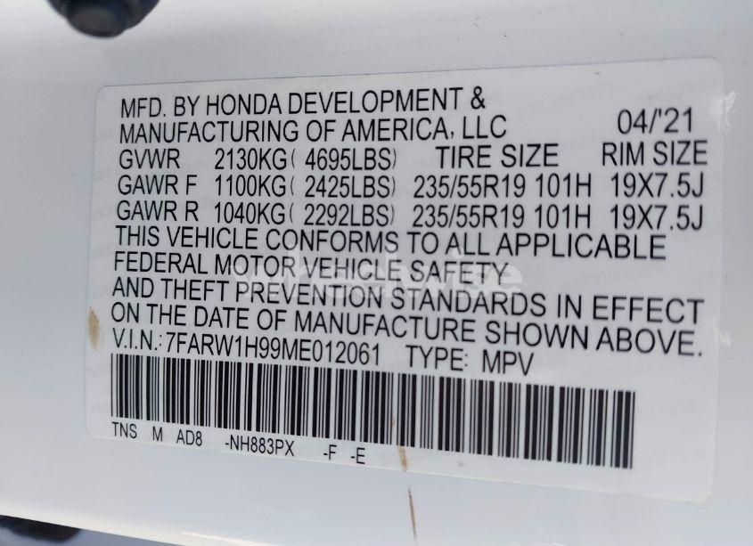 Photo 9 of 2021 Honda Cr-v 2WD TOURING (VIN 7FARW1H99ME012061)