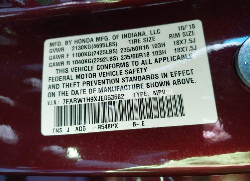 Photo 9 of 2018 Honda Cr-v TOURING (VIN 7FARW1H9XJE053682)