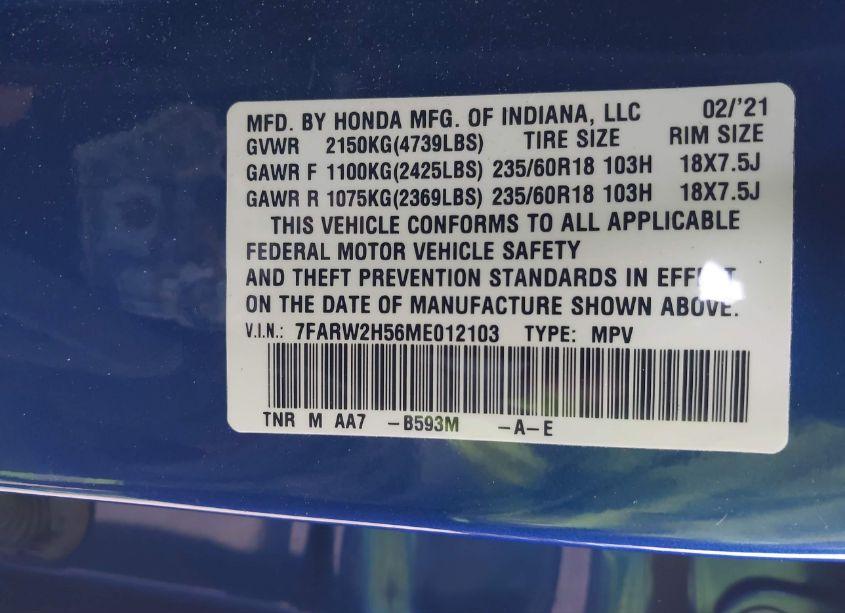 Photo 9 of 2021 Honda Cr-v AWD EX (VIN 7FARW2H56ME012103)