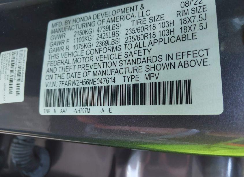 Photo 9 of 2022 Honda Cr-v AWD EX (VIN 7FARW2H56NE047614)