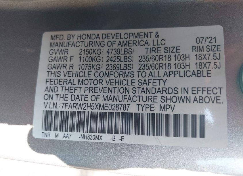 Photo 9 of 2021 Honda Cr-v AWD EX (VIN 7FARW2H5XME028787)