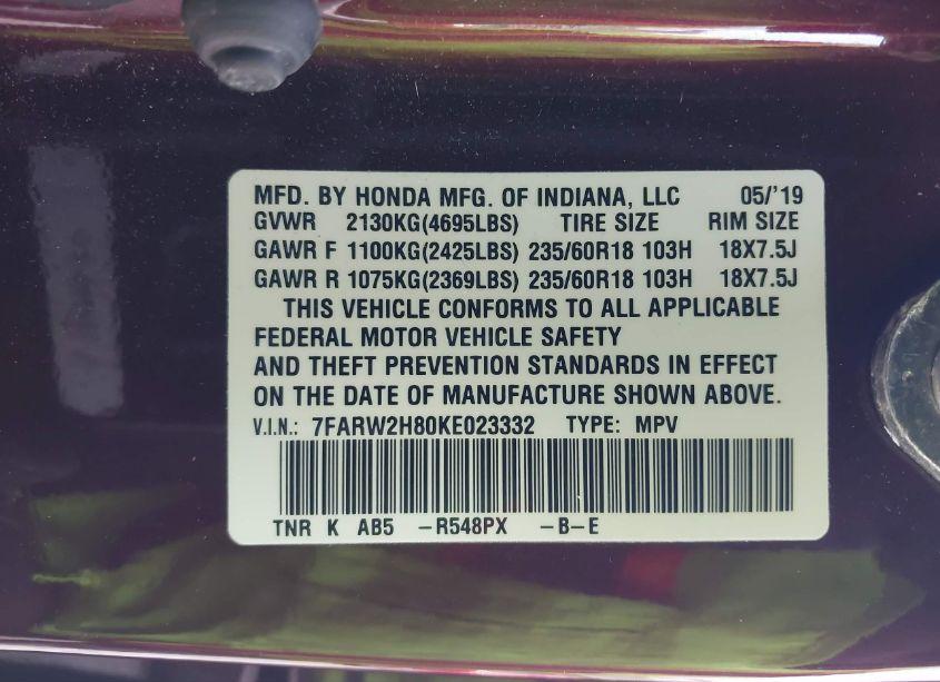 Photo 9 of 2019 Honda Cr-v EX-L (VIN 7FARW2H80KE023332)