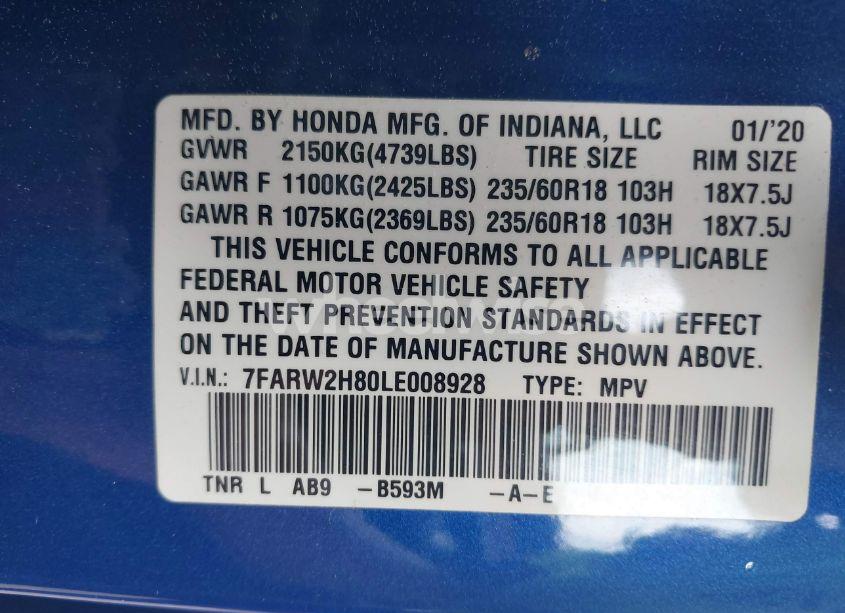 Photo 9 of 2020 Honda Cr-v AWD EX-L (VIN 7FARW2H80LE008928)