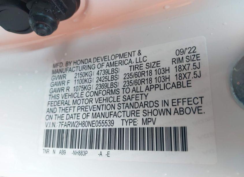 Photo 9 of 2022 Honda Cr-v AWD EX-L (VIN 7FARW2H80NE055539)