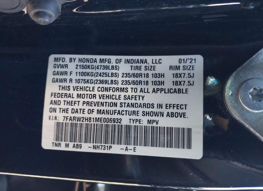 Photo 9 of 2021 Honda Cr-v AWD EX-L (VIN 7FARW2H81ME006932)