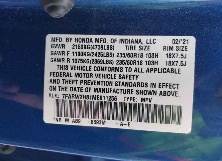 Photo 9 of 2021 Honda Cr-v AWD EX-L (VIN 7FARW2H81ME011256)