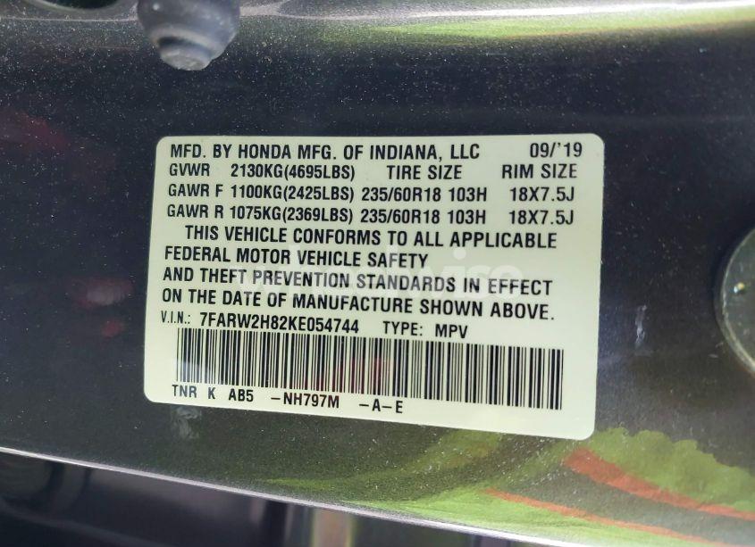 Photo 9 of 2019 Honda Cr-v EX-L (VIN 7FARW2H82KE054744)