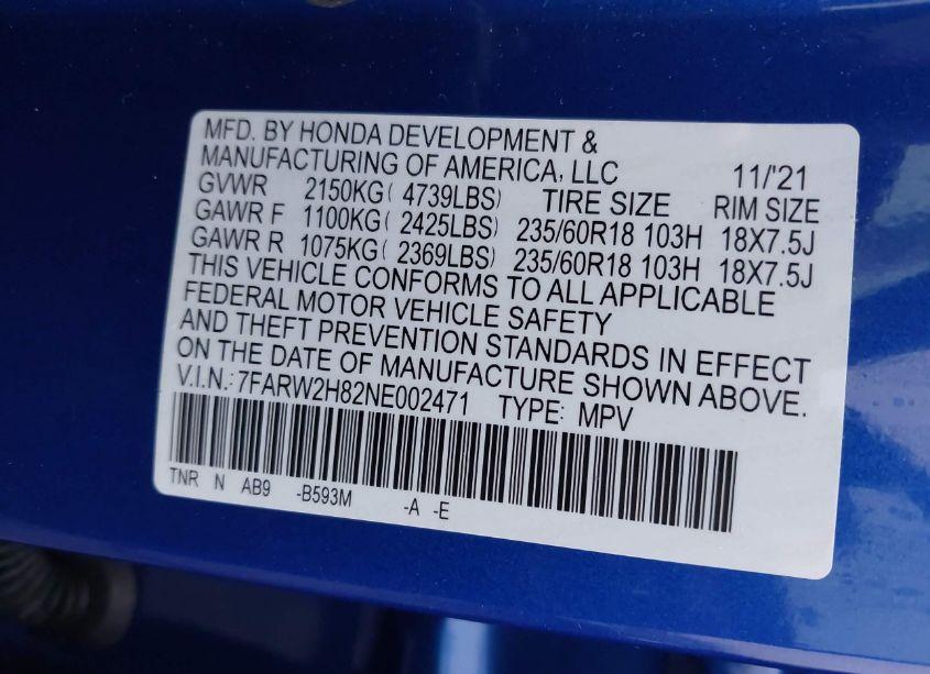 Photo 9 of 2022 Honda Cr-v AWD EX-L (VIN 7FARW2H82NE002471)