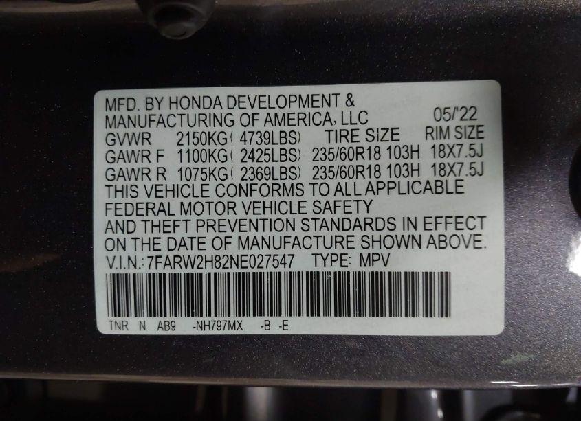 Photo 9 of 2022 Honda Cr-v AWD EX-L (VIN 7FARW2H82NE027547)