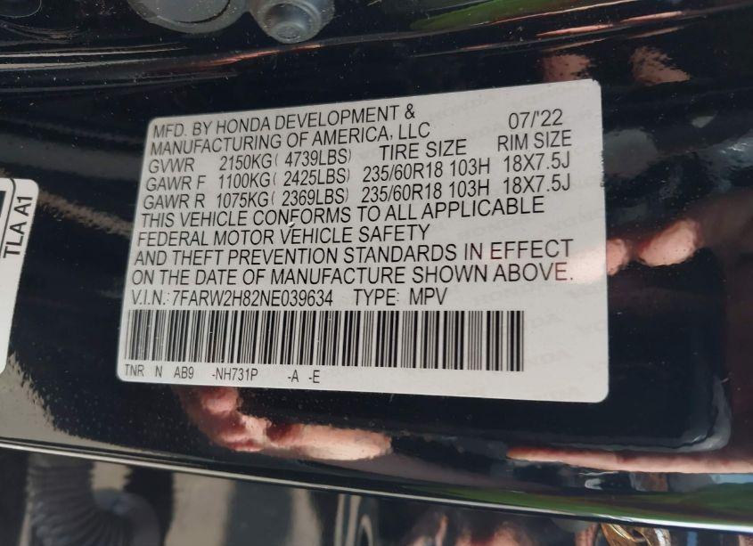 Photo 9 of 2022 Honda Cr-v AWD EX-L (VIN 7FARW2H82NE039634)