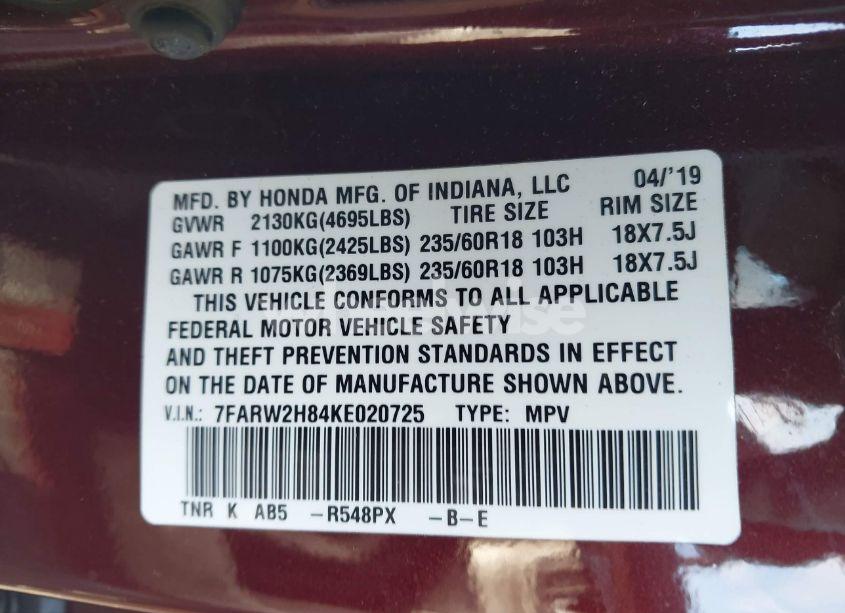 Photo 9 of 2019 Honda Cr-v EX-L (VIN 7FARW2H84KE020725)