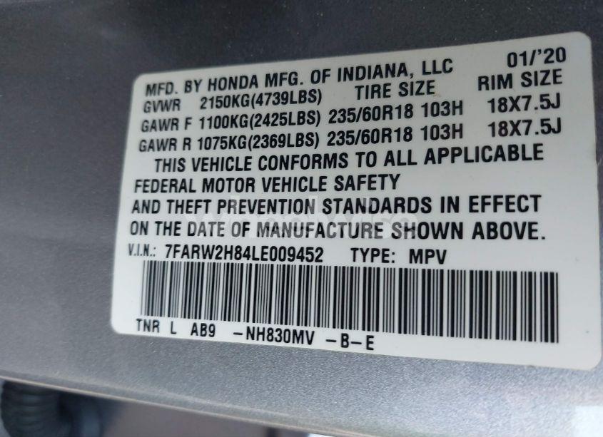 Photo 9 of 2020 Honda Cr-v AWD EX-L (VIN 7FARW2H84LE009452)