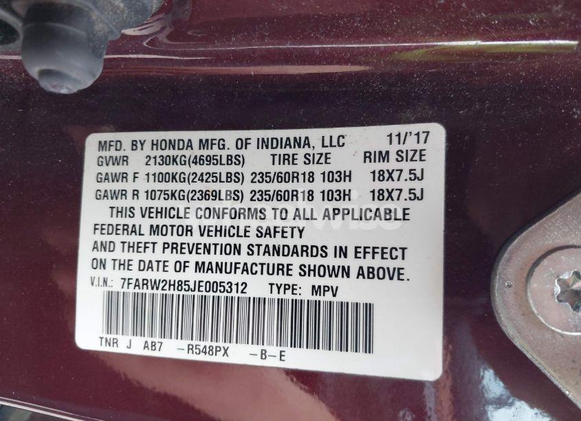 Photo 9 of 2018 Honda Cr-v EX-L/EX-L NAVI (VIN 7FARW2H85JE005312)