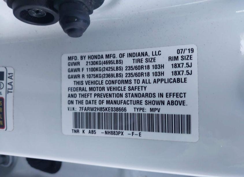 Photo 9 of 2019 Honda Cr-v EX-L (VIN 7FARW2H85KE038666)