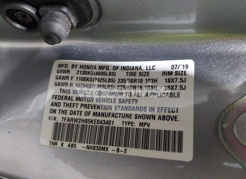 Photo 9 of 2019 Honda Cr-v EX-L (VIN 7FARW2H85KE043401)