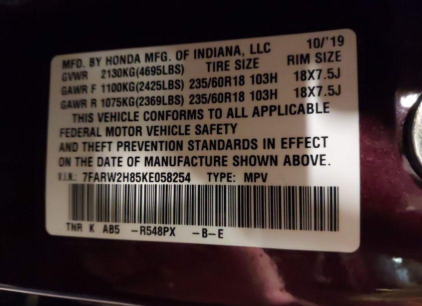 Photo 9 of 2019 Honda Cr-v EX-L (VIN 7FARW2H85KE058254)
