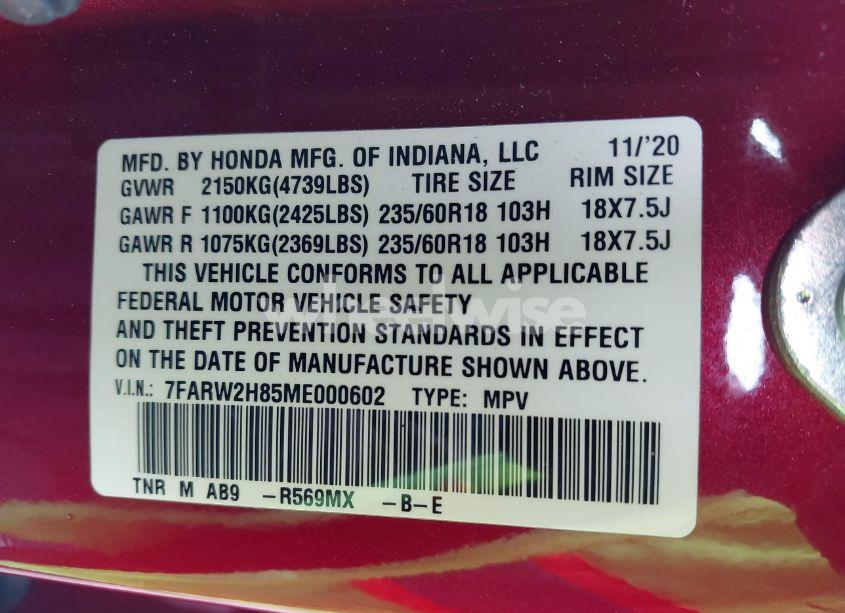 Photo 9 of 2021 Honda Cr-v AWD EX-L (VIN 7FARW2H85ME000602)