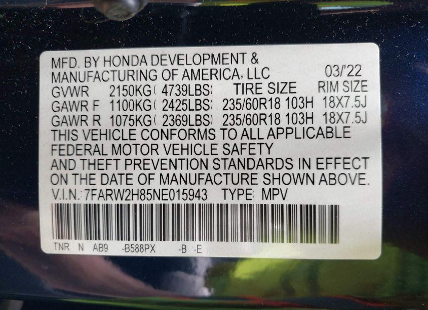Photo 9 of 2022 Honda Cr-v AWD EX-L (VIN 7FARW2H85NE015943)