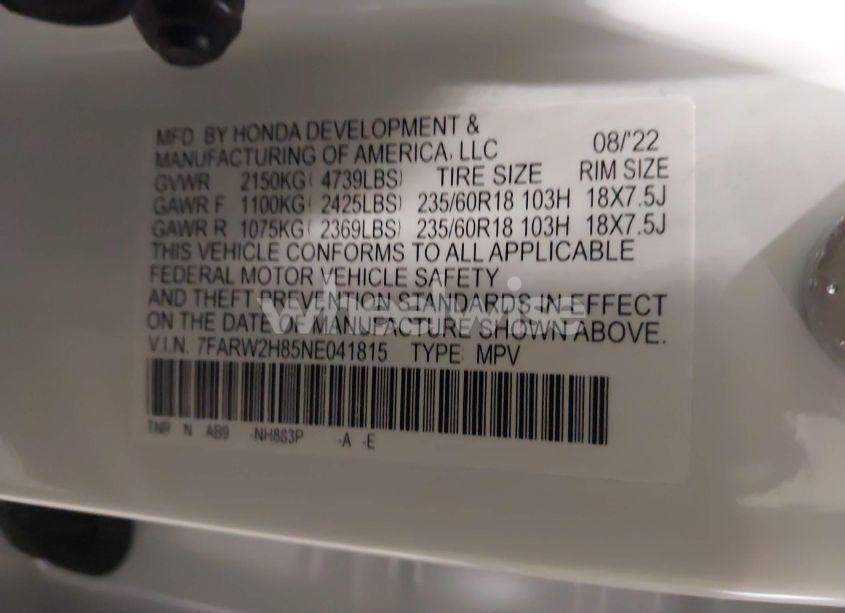 Photo 9 of 2022 Honda Cr-v AWD EX-L (VIN 7FARW2H85NE041815)